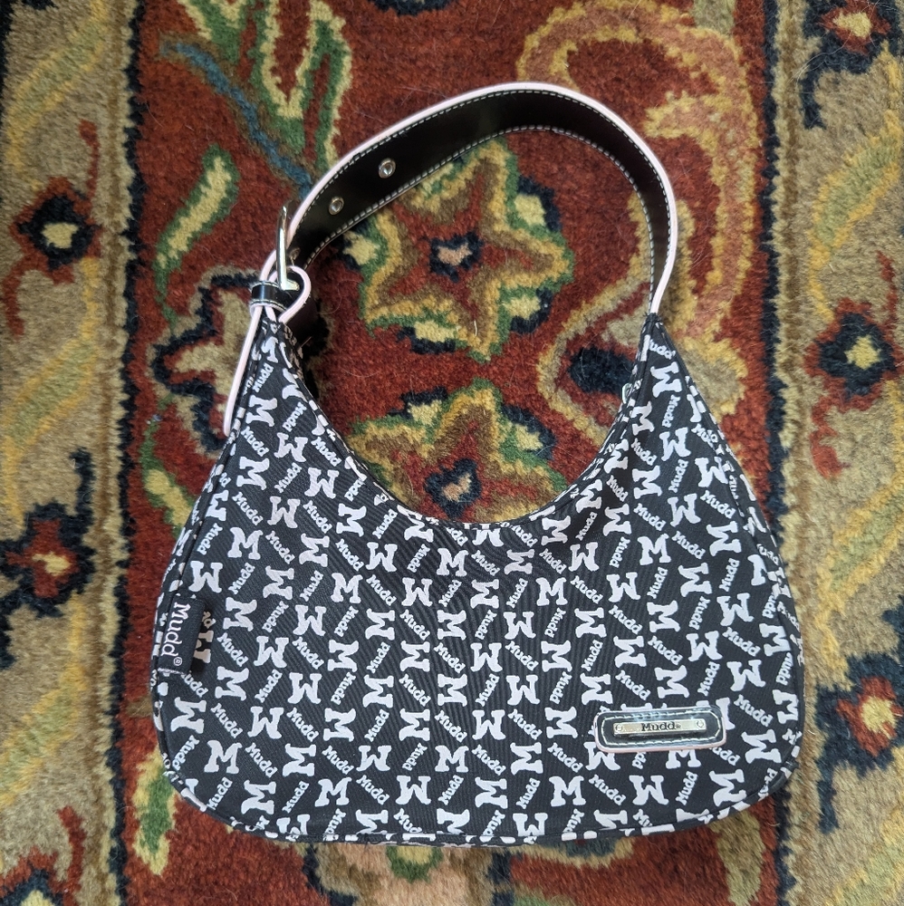 Vintage Mudd Y2K 2000s mini shoulder bag logo print baby pink black buckle